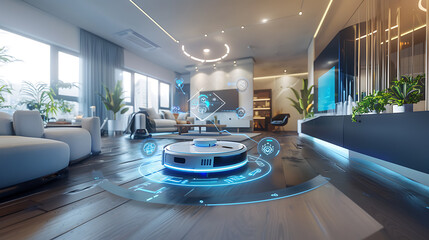 Robot vacuum cleaner in modern living room.  - obrazy, fototapety, plakaty