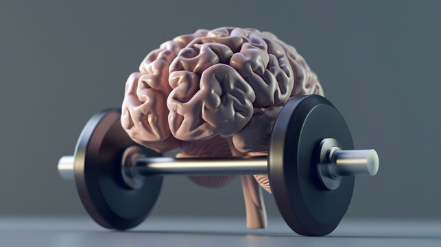 A surreal depiction of human figures with dumbbell weights as heads