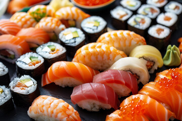 An image showcasing a beautifully arranged platter of various sushi pieces, including nigiri, sashimi, and rolls, with vibrant colors and textures 