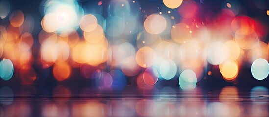 A city at night with blurry lights creating a magical atmosphere. The sky is filled with clouds and electric blue hues, while automotive lighting adds a touch of magenta to the scene