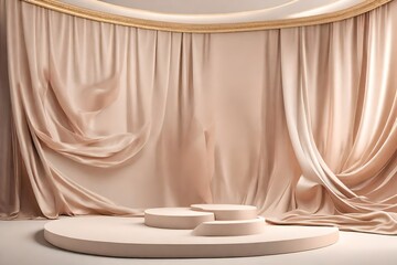 **3D display podium, beige background with pedestal and flying nude color silk cloth curtain. Nature wind. Beauty, cosmetic product presentation stand. Luxury feminine mockup 3d render advertisement. - obrazy, fototapety, plakaty
