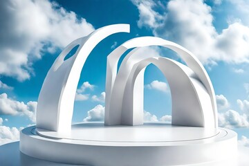 image of huge white arched product podium located on surface with moon figurine against blue cloudy sky - Powered by Adobe