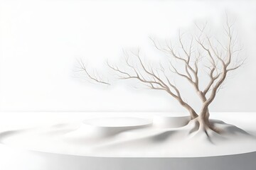 Minimal mockup background for product presentation. Podium and dry tree twigs branch with white sand beach on white background. 3d rendering illustration. Clipping path of each element included.