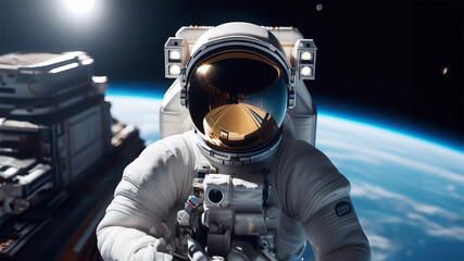 Spaceman astronaut floating in outer space. Earth planet and space station on background. Designed for fantastic, futuristic, science or space travel backgrounds. Earth day cosmonautics day concept - obrazy, fototapety, plakaty