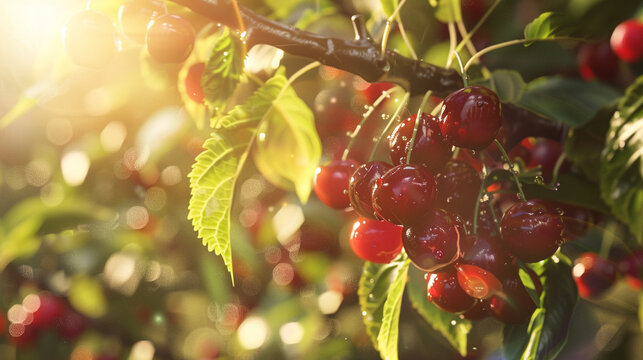The gentle morning sunlight painting a serene portrait of a branch adorned with clusters of red berries