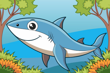Obraz premium A cute shark swimming gracefully in front of a lush green tree background.
