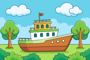 A ship is sailing in the ocean with a forest of tall trees in the background.