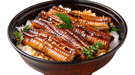 Tender slices of teriyaki-glazed fish served over a mound of steaming jasmine rice in a traditional...