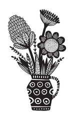 Bouquet of flowers in vase linocut style illustration - 759458901