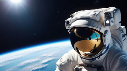 Spaceman astronaut floating in outer space. Earth planet on background. Designed for fantastic, futuristic, science or space travel backgrounds. Banner copy space. Earth day cosmonautics day concept - obrazy, fototapety, plakaty