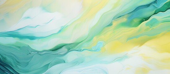 A closeup of a fluid green and yellow paint swirl on a white surface, resembling an electric blue...