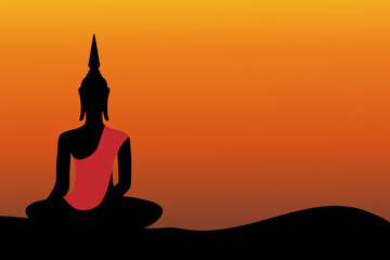 Buddha meditating silhouette and sunset background illustration