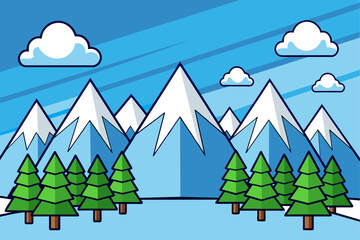 Snow-capped mountains rise behind the evergreen trees.