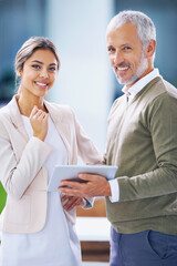 Businessman, woman and portrait with tablet or teamwork collaboration for web design, technology or...