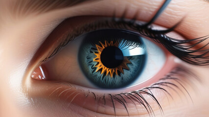 Close up shot of opened eye with beautiful blue iris. Healthy eyesight concept. Front view macro iris - obrazy, fototapety, plakaty