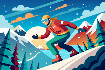 Snowy mountains and a snowboarder in mid-air against a blue sky, capturing the thrill of winter sports.