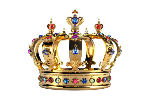 Golden crown with colorful jewels on no background, Generative AI image.