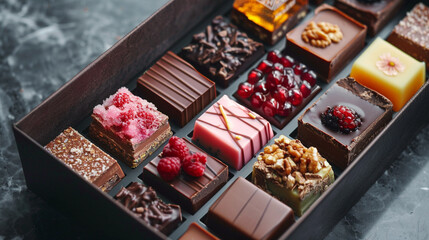  Luxury gift box filled with bite-sized chocolate bars, each with a unique filling revealed at one end. 