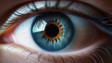 Foto op Aluminium Close up shot of opened eye with beautiful blue iris. Healthy eyesight concept. Front view macro iris © Александр Ткачук