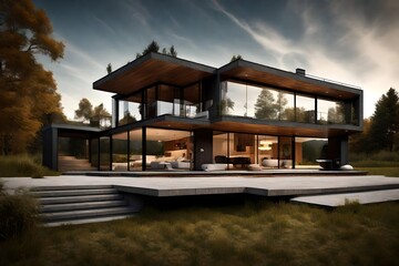 Cubic modern house in country setting.