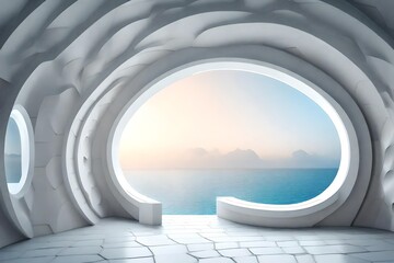 Architecture background exterior of curved wall building with round windows and sea view 3d render