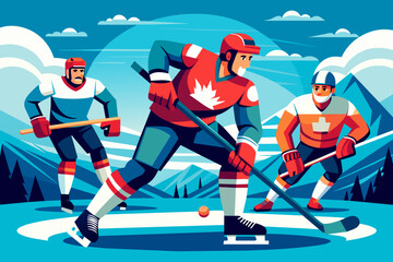 Professional hockey players perform a face-off while their teammates skate behind them in a blurry motion, creating a dynamic and action-packed background.