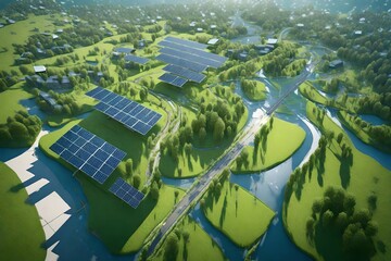 Eco city with wind turbines and green meadows. 3D rendering, Aerial view of a sustainable city with solar panels, wind turbines, and green roofs