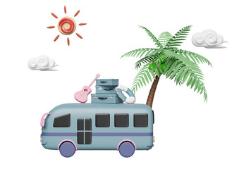 3d tourist bus with luggage, guitar, lifebuoy, palms tree, sun, cloud isolated. summer travel concept, 3d render illustration