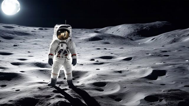 An astronaut stands on the surface of the moon among craters against the backdrop of the planet earth. Outer space
