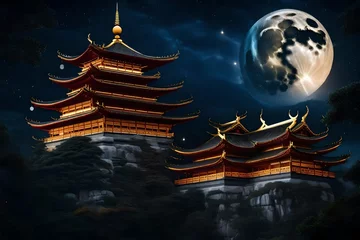 Fotobehang pagoda in the sky with moon and moon lights, in the style of realistic fantasy artwork, richly detailed genre paintings, dark gold and silver, wallpaper, chinese temple in the night © Maryam