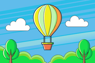 A serene hot air balloon floats above a lush green forest canopy.