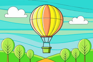 Fototapeta premium Hot air balloons float gracefully amidst a backdrop of verdant trees and azure skies, promising an unforgettable aerial adventure.