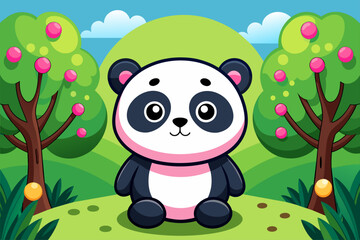 A playful black-and-white panda lounges amidst lush foliage, its wide-eyed expression radiating adorable charm.