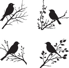 Set of Silhouette birds on a tree branch on white background
