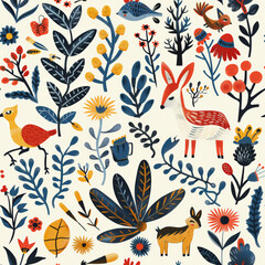 nordic folk art illustration, joyous celebration of nature, vector style with seamless pattern