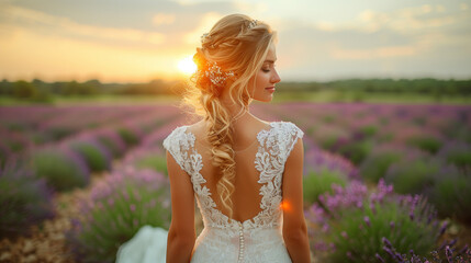 Bride in wedding day in lavender field .
