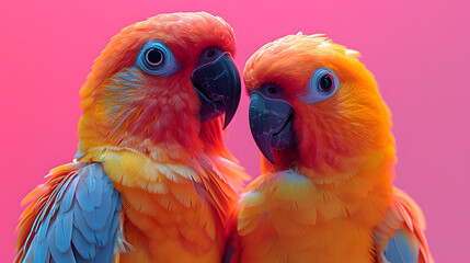 Two sun conure parrots close-up on a pink background. Wildlife and exotic pet concept. Design for pet care educational material, bird lovers poster