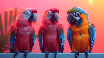 Three macaws, two scarlet and one blue and yellow, perched on a fence. Vibrant outdoor portrait with red gradient background. Exotic birds and nature concept. Design for banner, wallpaper, poster - obrazy, fototapety, plakaty