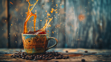 Coffee pouring into an old-fashioned cup, with splashes and beans against a worn-out wooden background.