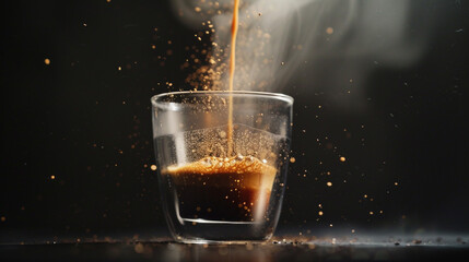Espresso being brewed directly into a glass cup, with steam  with coffee splashes. - obrazy, fototapety, plakaty