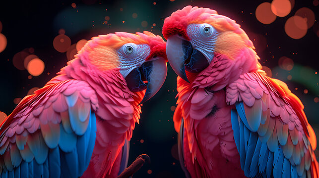 Two scarlet macaws facing each other. Intimate studio portrait with glowing bokeh background. Wildlife and tropical birds concept. Design for greeting card, invitation, poster. copy space