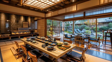 The architecture of the dining room is luxurious in Japanese style, a variety of food is served on the table.