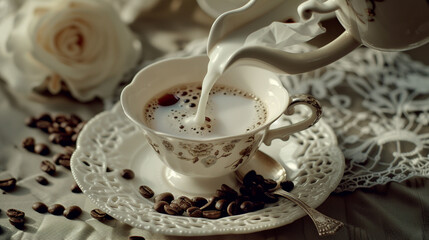  Tea-time setup with a cup of coffee receiving a pour of milk, creating a splash, with beans and a silver spoon .