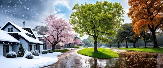 Residential buildings on the street. Change of seasons. Winter . Spring . Summer . Autumn. Snow, green grass, fallen leaves. Bright sun on a blue sky. Residential street in the suburbs.
