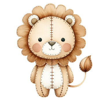 A watercolor illustration of a cute lion, with stitching lines only on the body edges, png, 300dpi