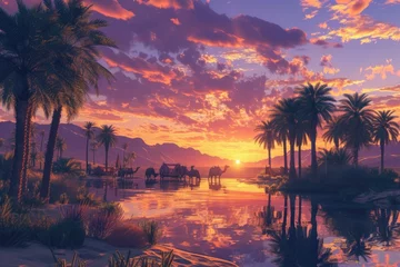 Tuinposter A tranquil oasis scene at sunset with silhouettes of camels and towering palm trees reflected in water. Resplendent. © Summit Art Creations