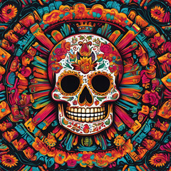 Day of the dead, Dia de los muertos, sugar skull with calaveras makeup, aztec marigold flowers, Mexican holiday.calavera azteca,