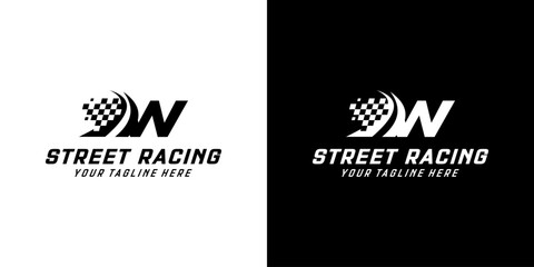 Letter W with Racing flag icon on black and white background, racing,automotive,road logo