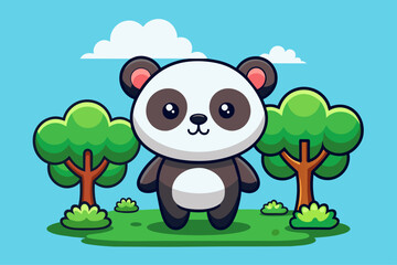 A playful black-and-white panda lounges amidst lush foliage, its wide-eyed expression radiating adorable charm.