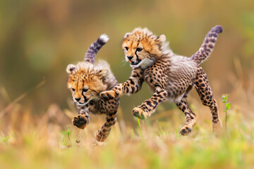 Playful cheetah cubs in mid-pounce, capturing the essence of life and energy on the African savannah